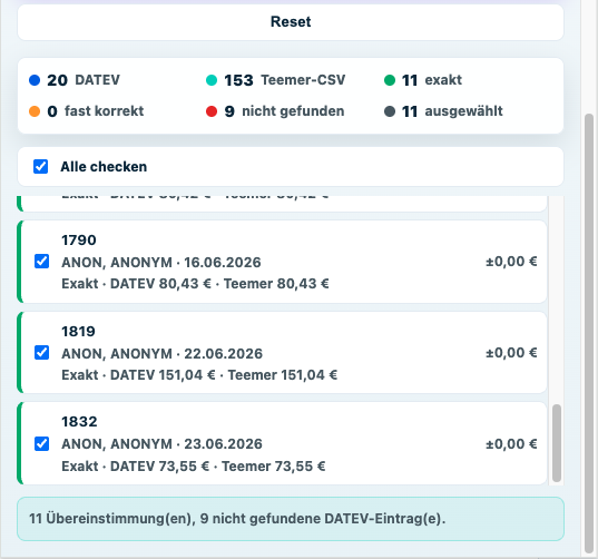 DATEV Abgleich mit markierten exakten Treffern und nicht gefundenen Einträgen
