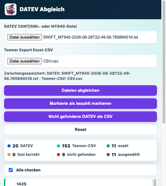 DATEV Abgleich mit Importfeldern, Statusübersicht und Aktionsbuttons